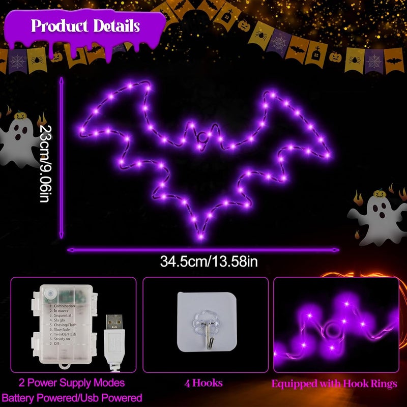 Stage Halloween Decorations, 2 Pack Bat Window Lights, 8 Modes Battery Operated Halloween Lights with Timer, Waterproof Window Silhouette Light for Indoor Window Door Yard Party Decor - Image 3