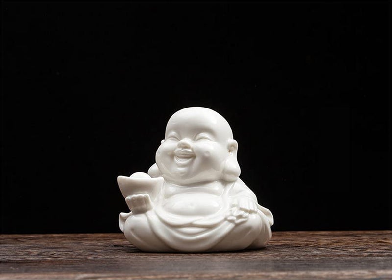 Houlu Small Laughing Buddha Statue for Good Luck, Ceramic White Lucky Happy Buddha Figurine for Home Decor, Office Decor, Garden Decor, Indoor/Outdoor - Image 2