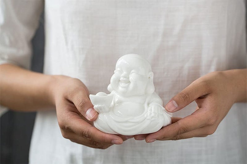 Houlu Small Laughing Buddha Statue for Good Luck, Ceramic White Lucky Happy Buddha Figurine for Home Decor, Office Decor, Garden Decor, Indoor/Outdoor - Image 4