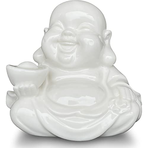 Houlu Small Laughing Buddha Statue for Good Luck, Ceramic White Lucky Happy Buddha Figurine for Home Decor, Office Decor, Garden Decor, Indoor/Outdoor - Image 1