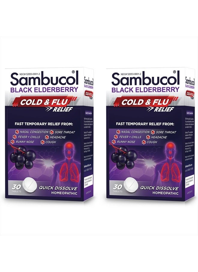 Sambucol Cold and Flu Relief Tablets - Homeopathic Cold Medicine, Nasal & Sinus Congestion Relief, Use for Runny Nose, Coughing, Cold Remedy for Adults - Black Elderberry, 30 Count, 2-Pack  - Image 1