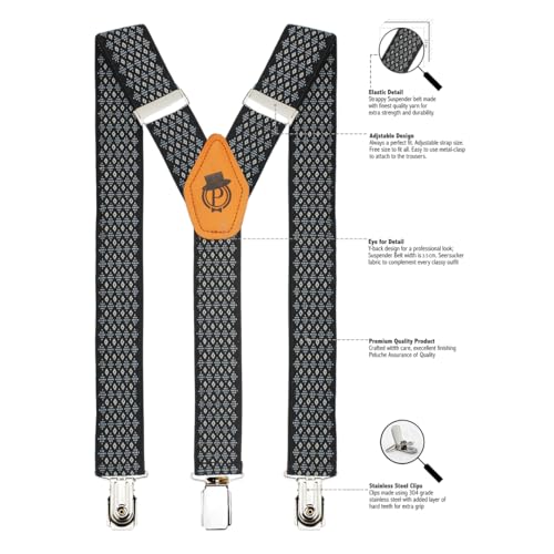 Peluche Cut Black Coloured 3.5cm Strap Width Elastic Suspenders for Men - Image 3