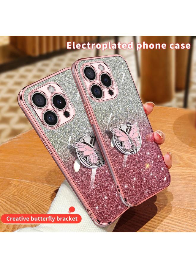 اس-توب جراب لهاتف iPhone 16 Pro Max مطلي بطبقة لامعة متدرجة اللون من مادة TPU مع حامل على شكل فراشة - Image 3