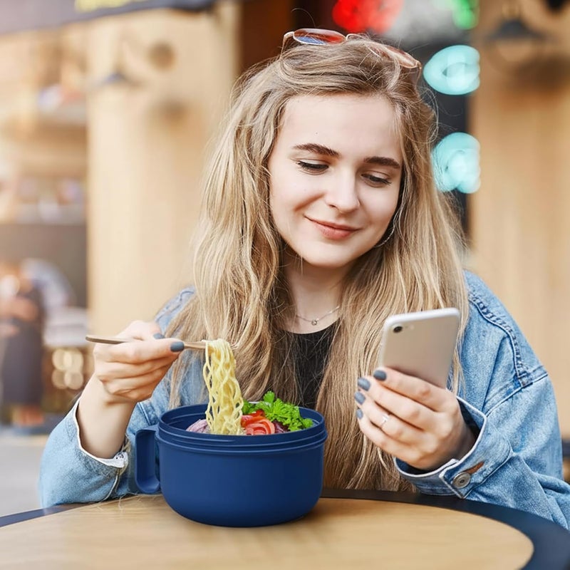 وعاء ميكروويف مع أغطية، وعاء رامن، أكواب حساء ميكروويف 28 أونصة بمقابض، للحساء والنودلز الفورية، الشوفان، الغامبو، السلطة، أساسيات غرفة النوم الجامعية للفتيات والفتيان، أساسيات الشقة (أزرق) - Image 5