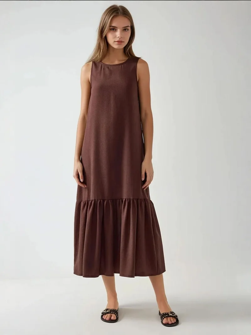 HICCUP Sleeveless A-Form Fit Maxi Dress with Crew Neck