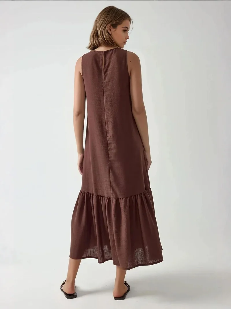 HICCUP Sleeveless A-Form Fit Maxi Dress with Crew Neck