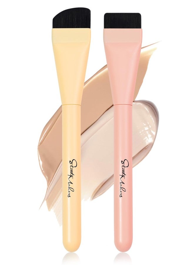 START MAKERS 2Pcs Ultra Thin Foundation Brushes, Flat Top & Angled Head Liquid Cream Foundation Makeup Brush Face Mask Brushes Tools, Pink & Yellow - Image 1