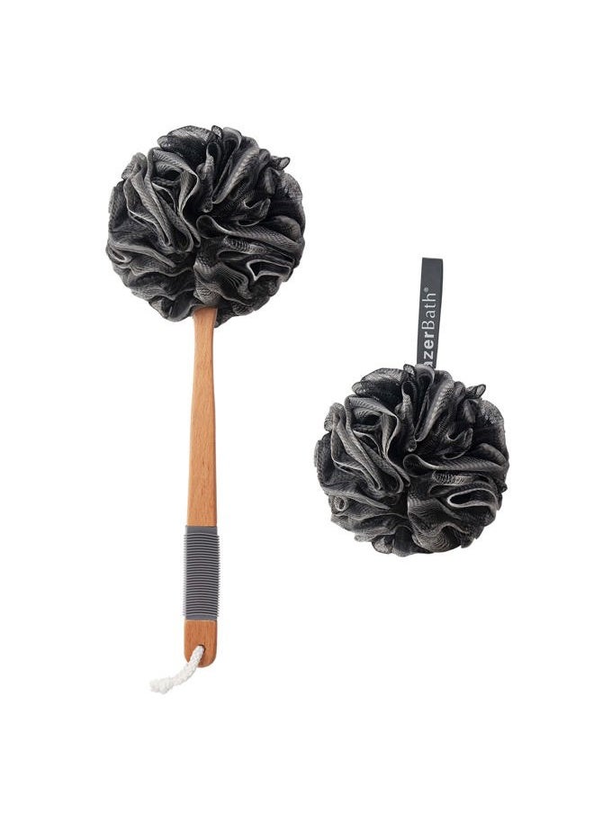 AmazerBath - Shower Sponge Loofah Back Scrubber, PE Soft Mesh Loofah Body Scrubber with Long Wooden Handle, Bath Sponge for Men Women (Black) - Image 1