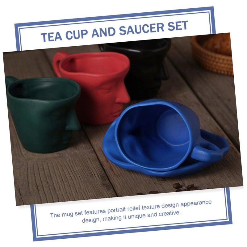 Abstract Face Design Ceramic Coffee Cup and Saucer Set 260ml Matte Blue with Spoon - Image 4
