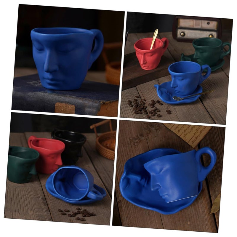 Abstract Face Design Ceramic Coffee Cup and Saucer Set 260ml Matte Blue with Spoon - Image 5