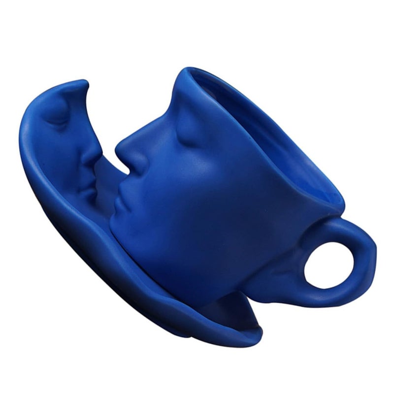 Abstract Face Design Ceramic Coffee Cup and Saucer Set 260ml Matte Blue with Spoon - Image 2