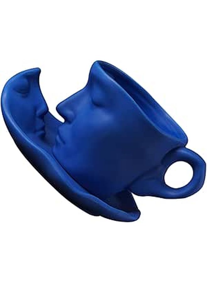 Abstract Face Design Ceramic Coffee Cup and Saucer Set 260ml Matte Blue with Spoon - Image 1