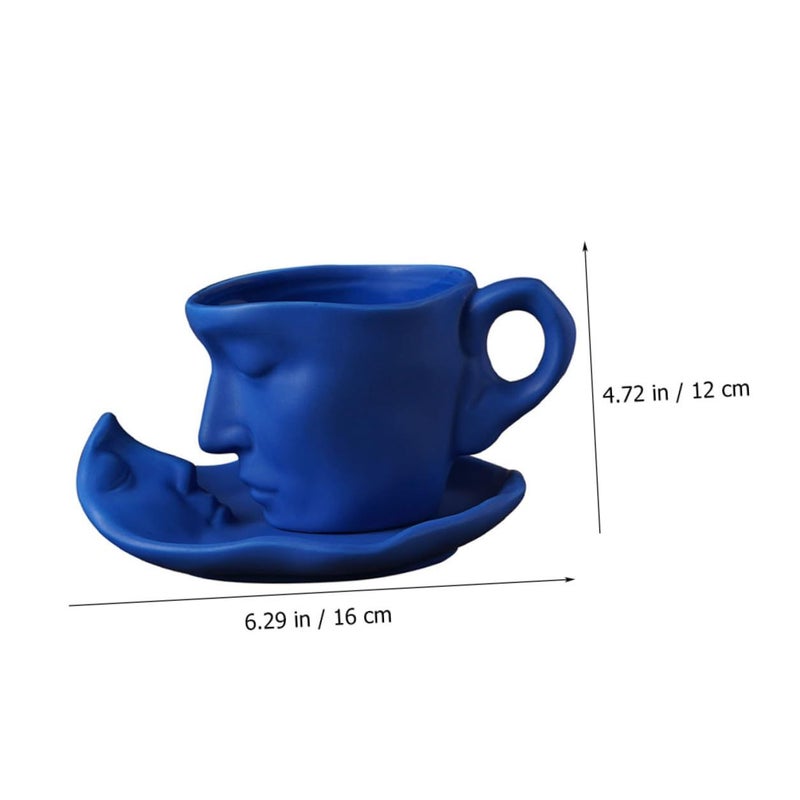 Abstract Face Design Ceramic Coffee Cup and Saucer Set 260ml Matte Blue with Spoon - Image 3