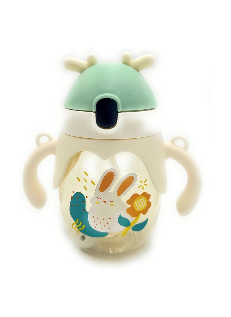 VIO Leakproof Baby Water Bottle with Soft Straw Spill proof Sippy Cup with Weighted Straw Colorful Toddler Drinking Cup with Handle and Strap for Boys Girls Preschoolers Kids Green White  - Image 3
