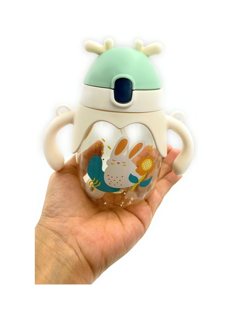 VIO Leakproof Baby Water Bottle with Soft Straw Spill proof Sippy Cup with Weighted Straw Colorful Toddler Drinking Cup with Handle and Strap for Boys Girls Preschoolers Kids Green White  - Image 2