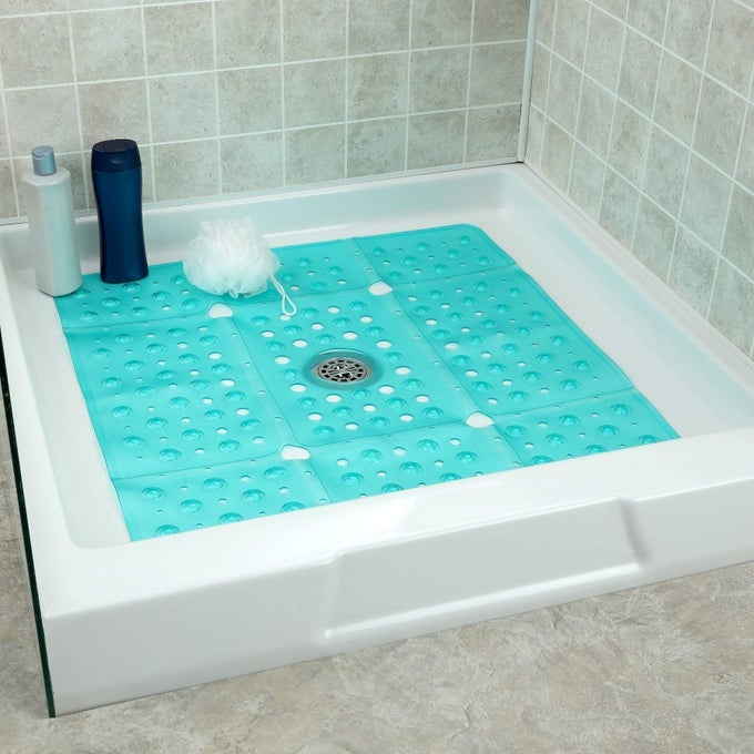27 OVERSIZE SQUARE SHOWER MAT NONSLIP MAT FOR ELDERLY KIDS 100 POWER GRIP SUCTION CUPS FOR SMOOTH SURFACES MACHINE WASHABLE TRANSPARENT AQUA