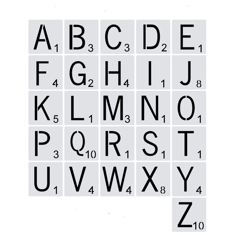 DEQUERA Dequera 26 Pack Scrabble Tile Stencil Letters Alphabet Stencils Template for Furniture Decoration DIY Projects Such as Wood Fabric Paper Rock and Wall Art Reusable 3x3 inch