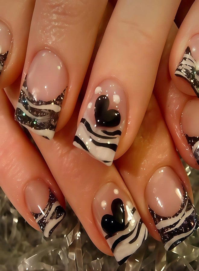 UCCASA Heart Press on Nails Short Square Fake Nails with Black Heart Design Short French Tip Glue on Nails Valentine's False Nail Reusable Holiday Stick on Nail for Women Girls DIY Decoration Manicure 24Pcs - Image 1