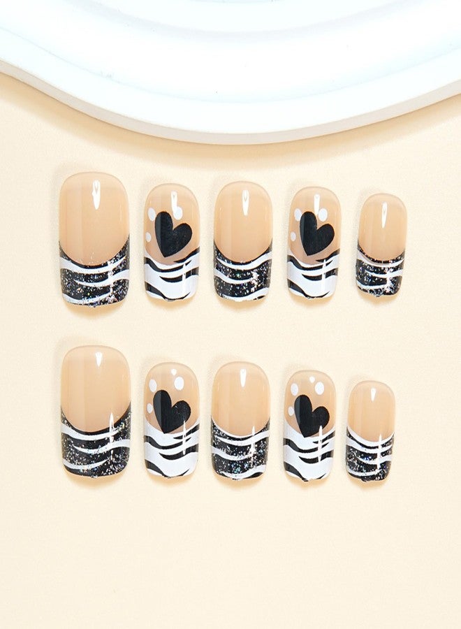 UCCASA Heart Press on Nails Short Square Fake Nails with Black Heart Design Short French Tip Glue on Nails Valentine's False Nail Reusable Holiday Stick on Nail for Women Girls DIY Decoration Manicure 24Pcs - Image 4