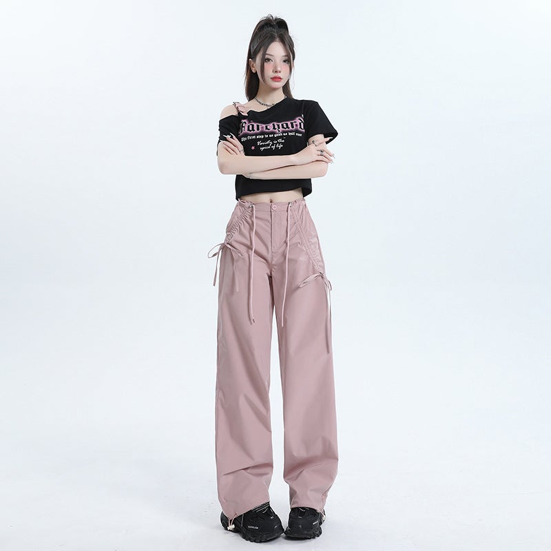 Cracker Khaki Design Sensibility Bowcargo Pants Womens Straight-Leg Loose-Fit High-Waisted Slimming Casual Trousers Summer 2024 Pink Lengthened  - Image 1