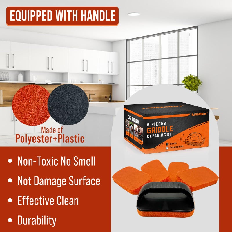 AWEASROY 6-Piece Griddle Cleaning Kit for Blackstone, Flat Top Grill Cleaning Kit Non-Scratch Scouring Pads for Kitchen - 5 Scrubber Pads and 1 Handle - Image 4