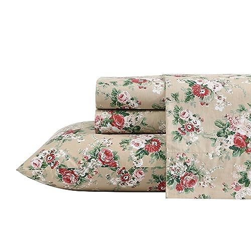 Laura Ashley Full Size Sheet Set Crisp Lightweight Cotton Percale Bedding with Fitted Sheet and Pillowcases Floral Room Decor Deep Pocket College Dorm Room Essentials Ashfield Beige - Image 1