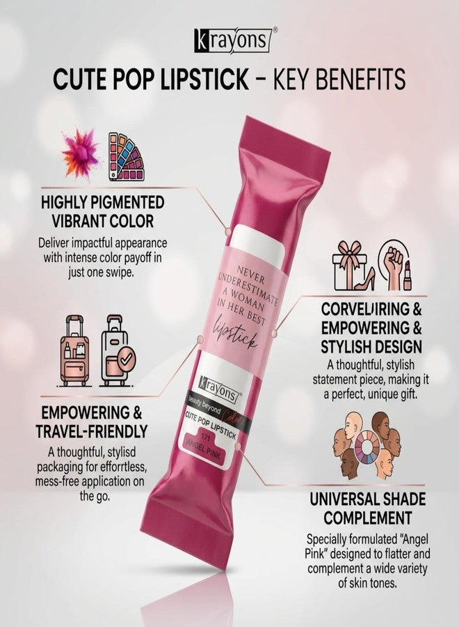 Krayons Cute Pop Matte Lipstick for Women - Shade 171 Angel Pink, 3.5g | Long Stay Waterproof Lip Stick | Rich Pigmented Matt Lipsticks Daily Wear | India's 1st Unique Twist-Wrap Style Lipstic - Image 2