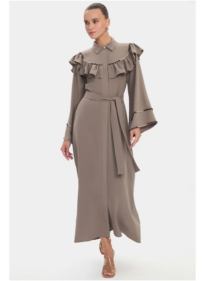 جون June Women Shirt Collar Ruffle Detailed Maxi Dress Mink