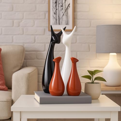 SRJANA Home Decor Lucky Deer Family Statue Piano Finish Ceramic Figures - (Set of 4, Brown, Black, White) - Image 1