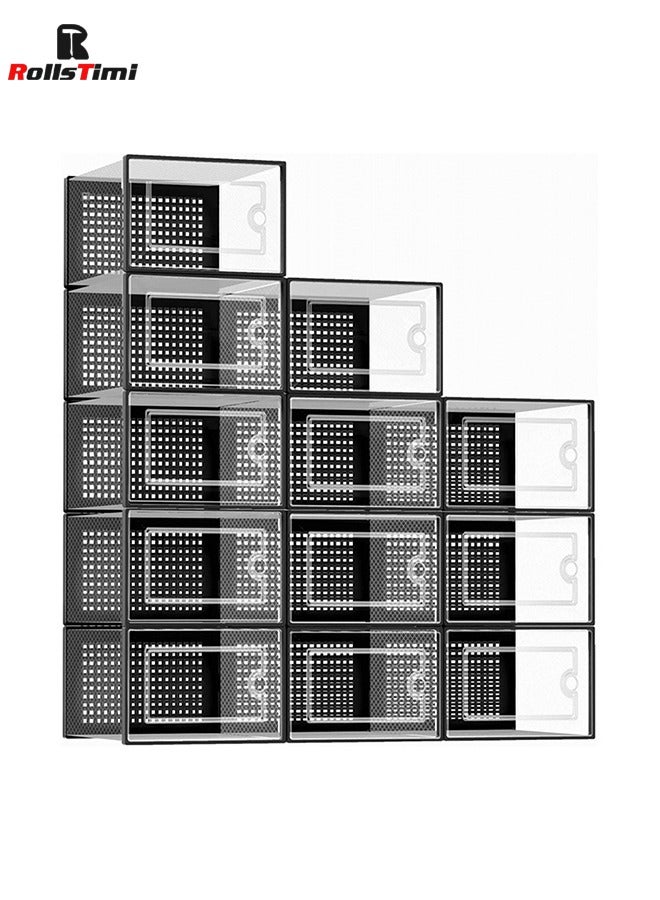 RollsTimi  12 pcs Shoe Box, Shoe Storage Boxes Clear Plastic Stackable, Shoe Organizer Containers with Lids,Black - Image 1