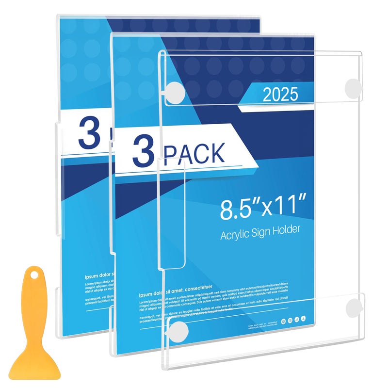 DECOHOBO Acrylic Sign Holder 85x11 Wall Mount with Strong Adhesive Tape No Drilling Vertical Horizontal Clear Plastic Frame for Office Home Store DamageFree Installation 3 Pack - Image 2