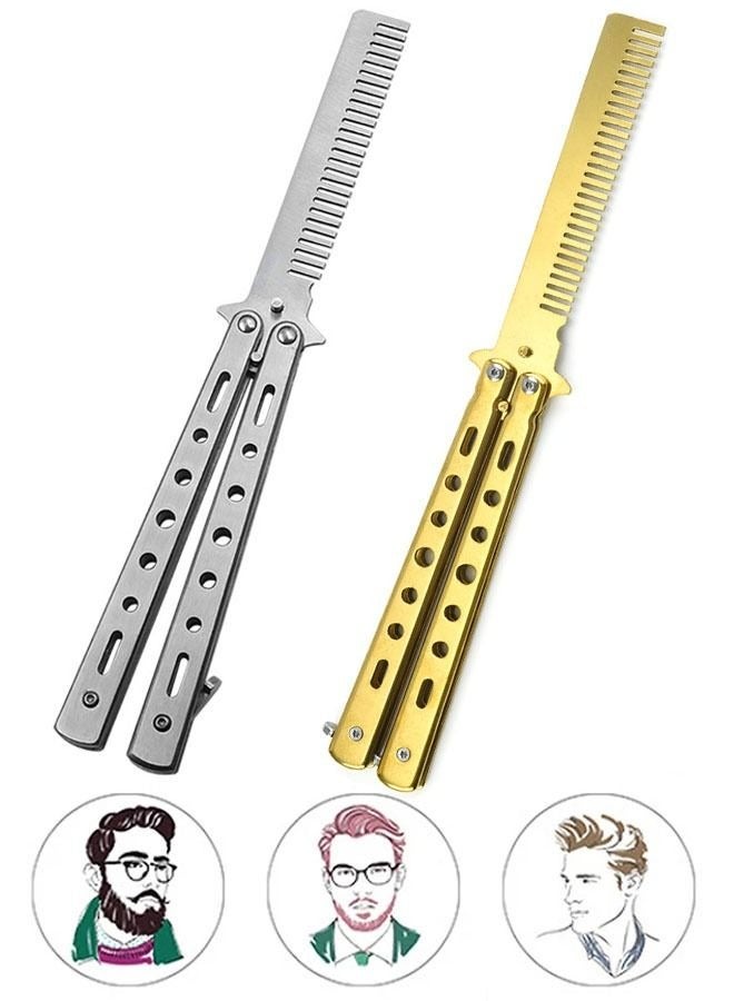 Generic 2 Pcs Butterfly Metal Dull Comb Knife Training Tool, Finger Trainer Tool Folding Unsharpened Practice Flipping Tricks Comb (Gold+Sliver) - Image 1