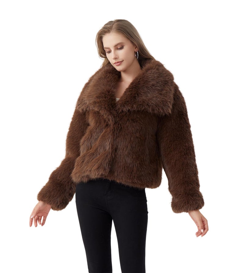 GRAN ORIENTE Womens Faux Fur Coats 2025 Winter Trendy,Winter Fuzzy Large Turndown Lapel Fluffy Cropped Jacket Outerwear GK134A-Grey-L - Image 2