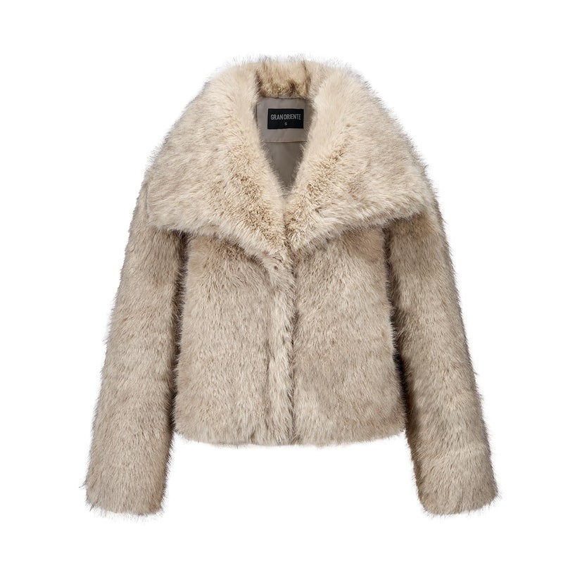 GRAN ORIENTE Womens Faux Fur Coats 2025 Winter Trendy,Winter Fuzzy Large Turndown Lapel Fluffy Cropped Jacket Outerwear GK134A-Grey-L - Image 1