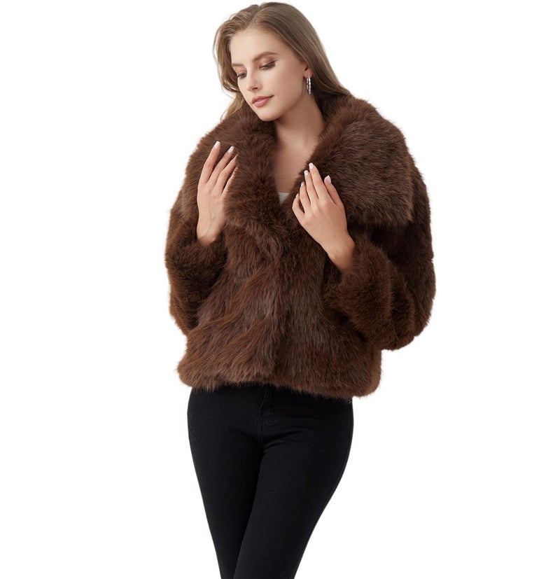 GRAN ORIENTE Womens Faux Fur Coats 2025 Winter Trendy,Winter Fuzzy Large Turndown Lapel Fluffy Cropped Jacket Outerwear GK134A-Grey-L - Image 3