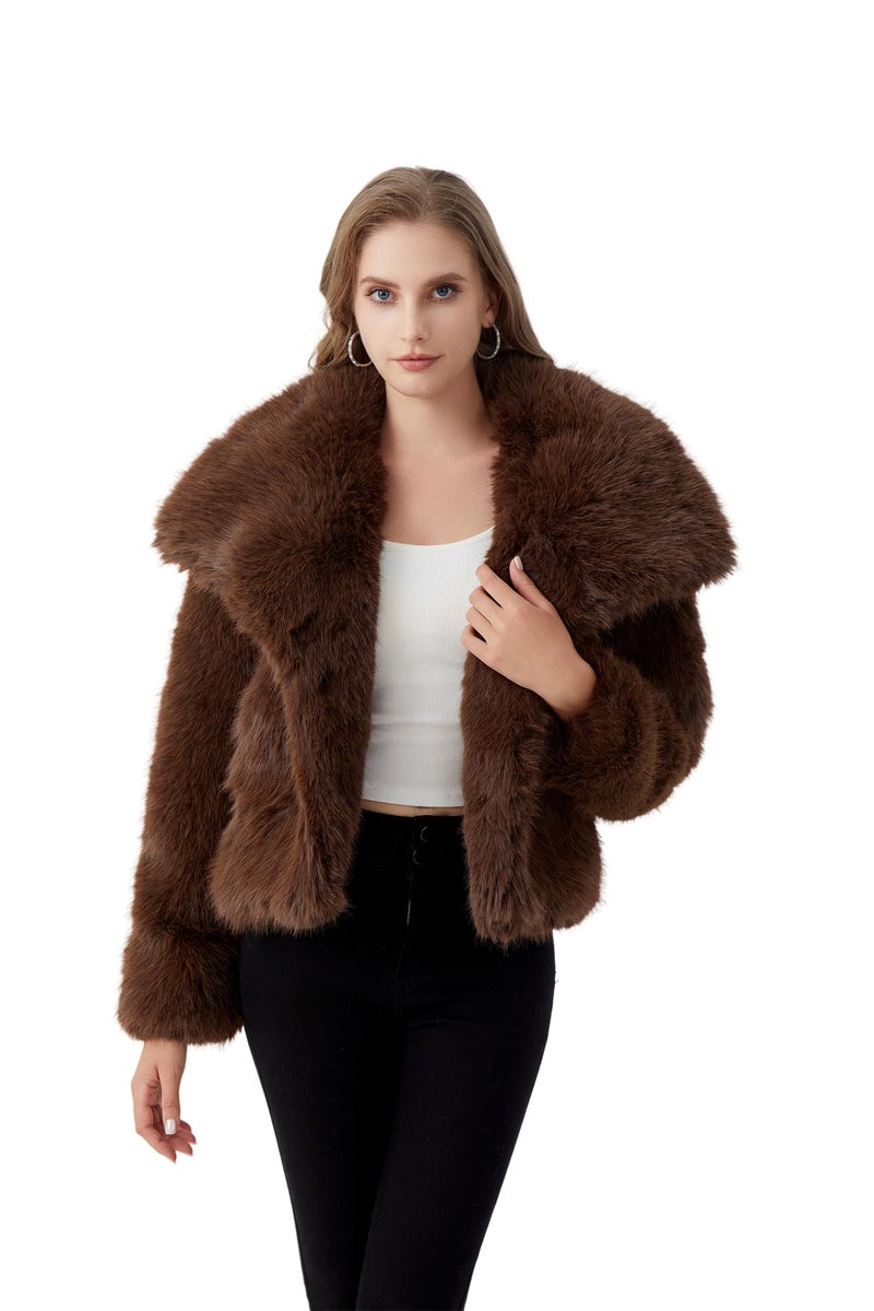GRAN ORIENTE Womens Faux Fur Coats 2025 Winter Trendy,Winter Fuzzy Large Turndown Lapel Fluffy Cropped Jacket Outerwear GK134A-Grey-L - Image 5