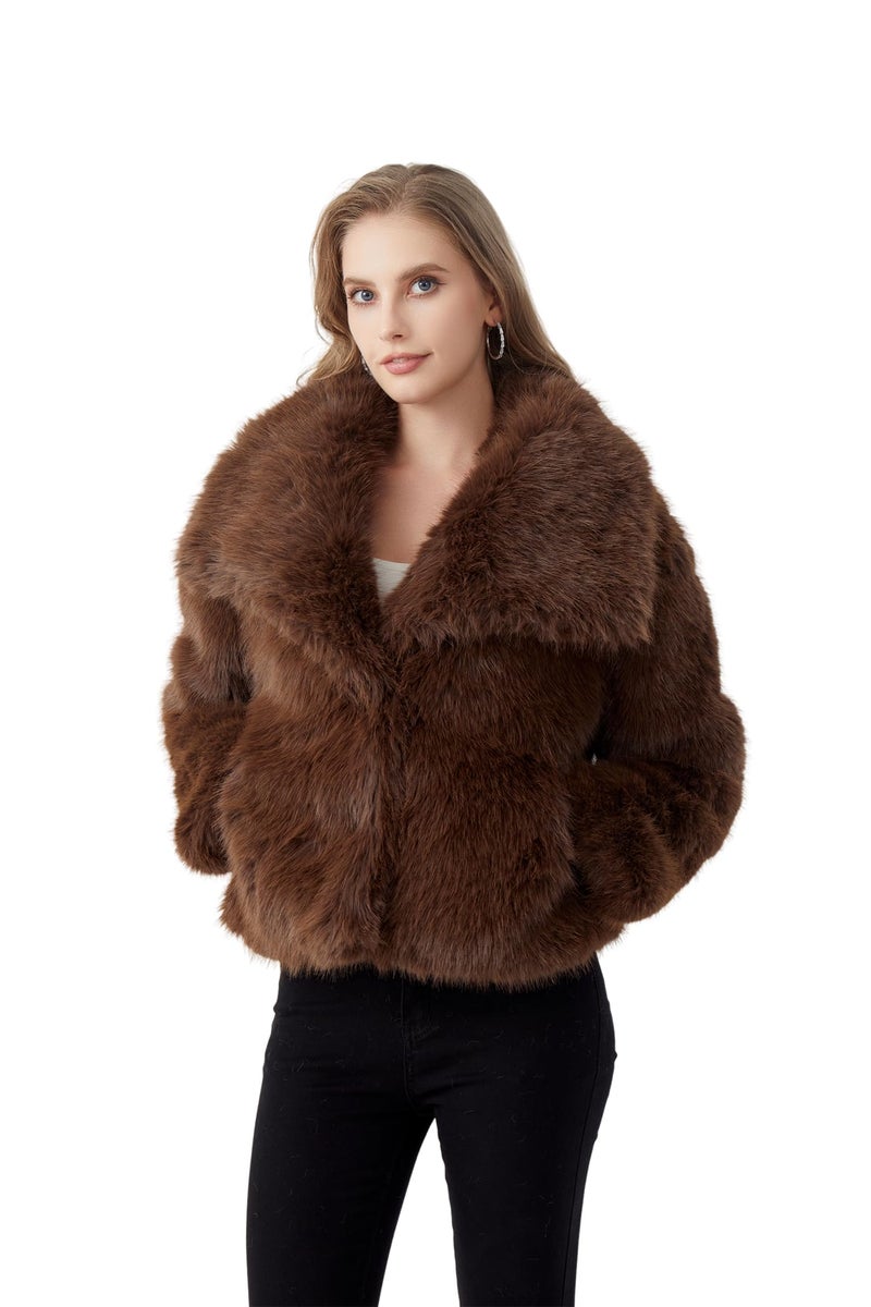 GRAN ORIENTE Womens Faux Fur Coats 2025 Winter Trendy,Winter Fuzzy Large Turndown Lapel Fluffy Cropped Jacket Outerwear GK134A-Grey-L - Image 4