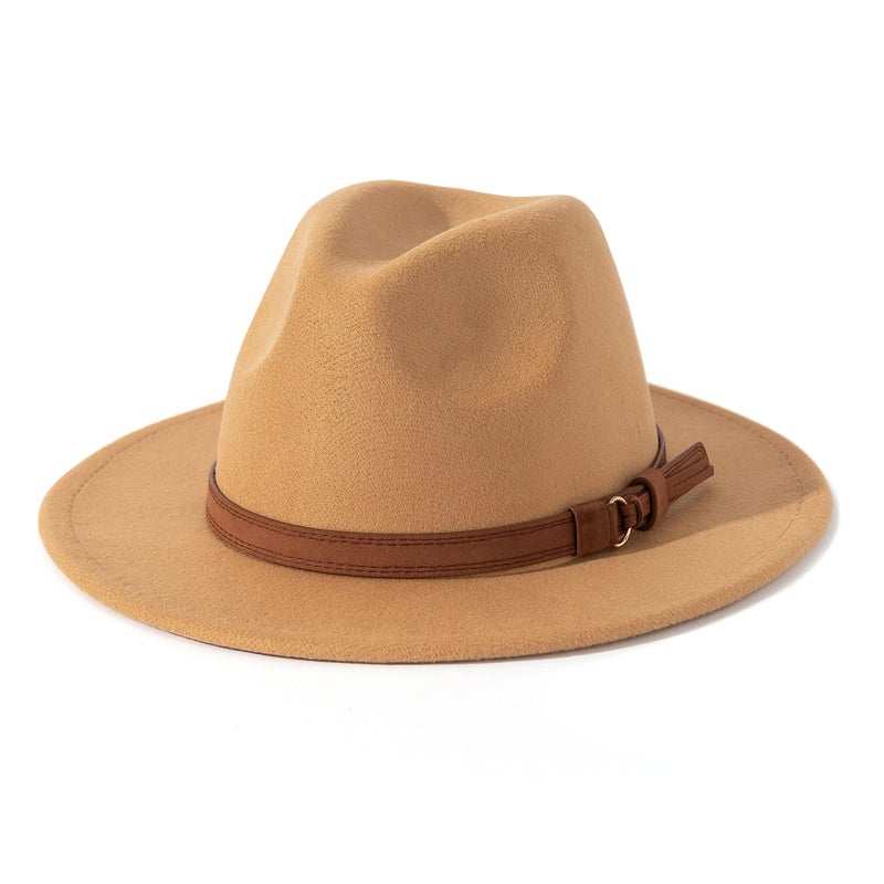 Lisianthus Men & Women Vintage Wide Brim Fedora Hat with Belt Buckle A-Camel 56-58cm - Image 1