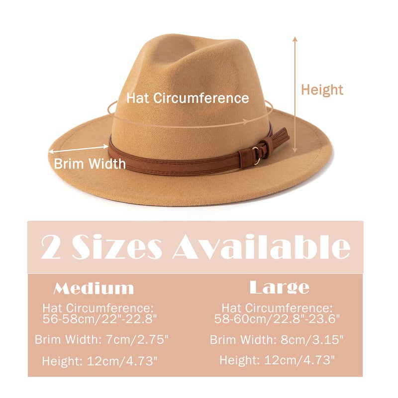 Lisianthus Men & Women Vintage Wide Brim Fedora Hat with Belt Buckle A-Camel 56-58cm - Image 3