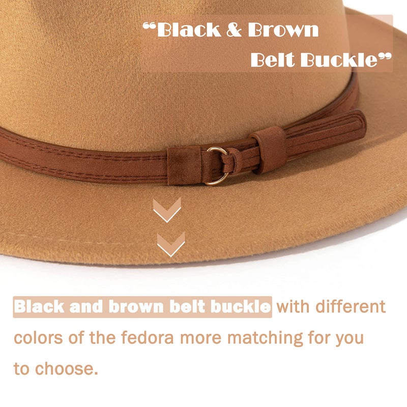 Lisianthus Men & Women Vintage Wide Brim Fedora Hat with Belt Buckle A-Camel 56-58cm - Image 2