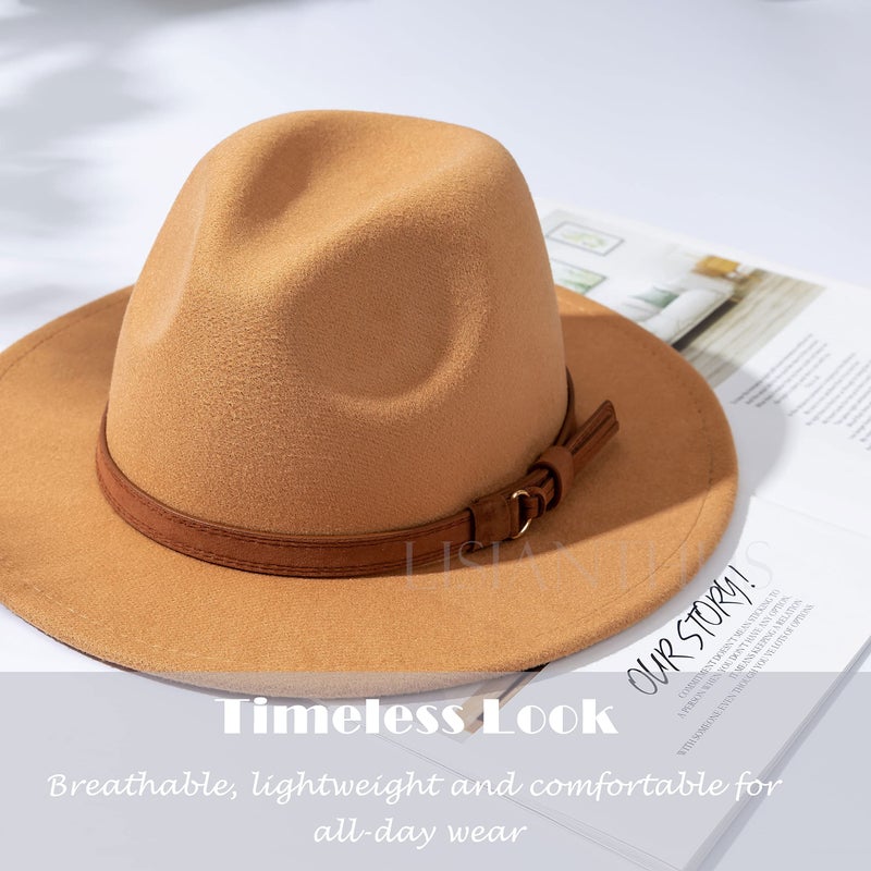 Lisianthus Men & Women Vintage Wide Brim Fedora Hat with Belt Buckle A-Camel 56-58cm - Image 5