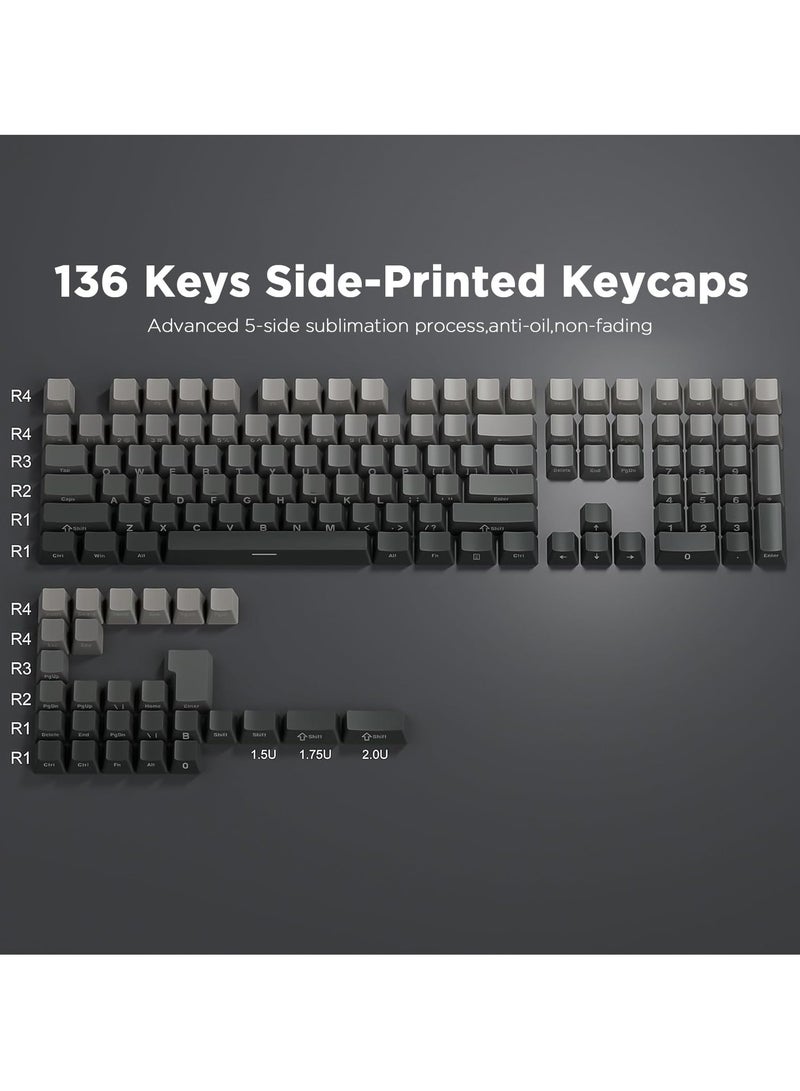 AULA Black Gray Gradient Dye Sub PBT Keycaps 136-key Double Shot Dual-Process Side Printed Shine Custom Keycap Set for Mechanical Gaming Keyboards - Image 2
