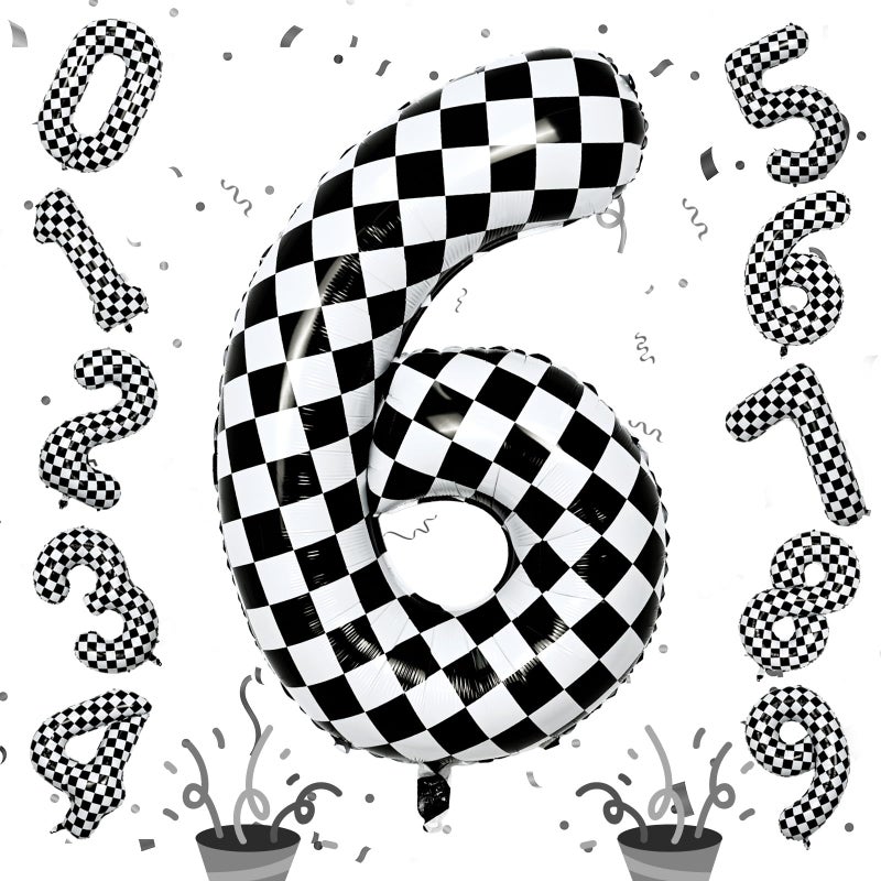 Isndare Giant Number Balloons 6, Black and White Checkered Self Inflating 0-9 Set Number Balloon for Kids, 40 Inch Foil Helium Racing 6 Balloon for Boys 6th Birthday Party Race Car Flag Decorations Supplies - Image 1