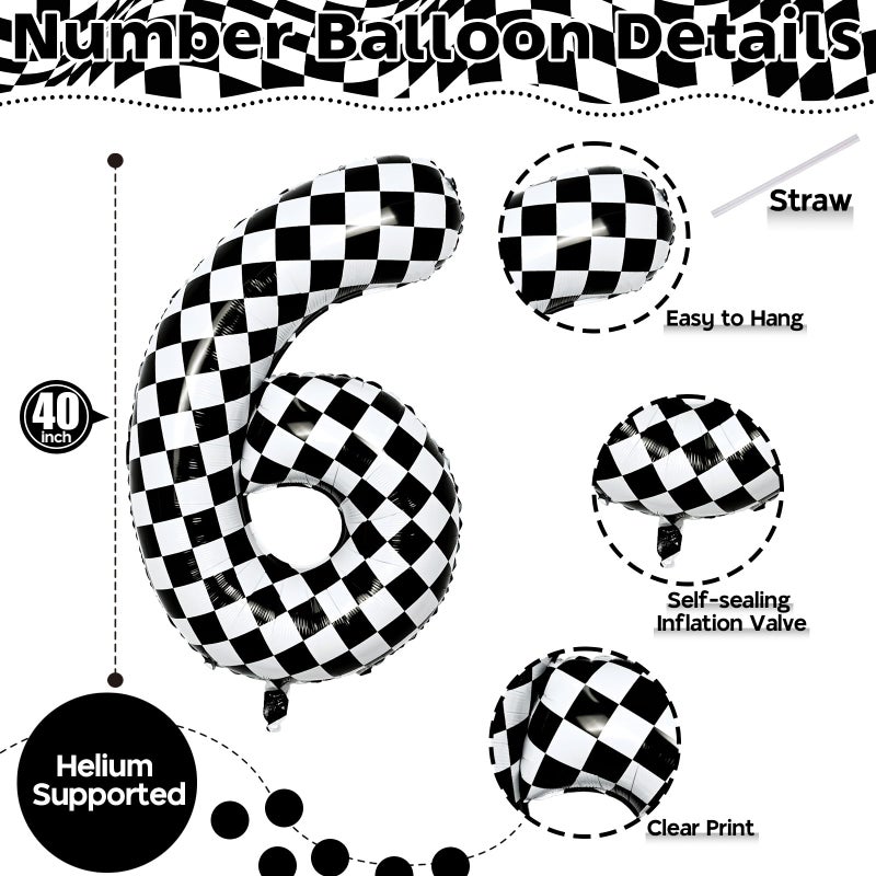 Isndare Giant Number Balloons 6, Black and White Checkered Self Inflating 0-9 Set Number Balloon for Kids, 40 Inch Foil Helium Racing 6 Balloon for Boys 6th Birthday Party Race Car Flag Decorations Supplies - Image 2