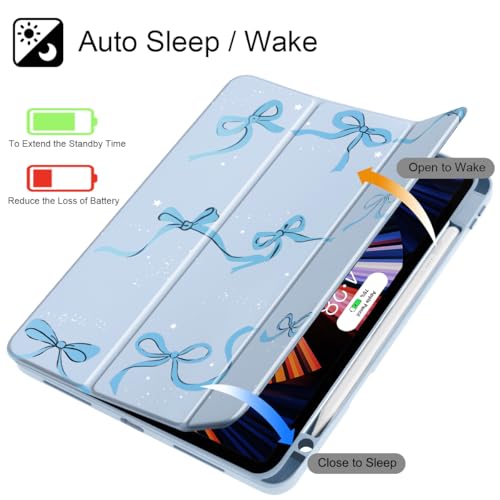 May Chen for iPad Pro 11 inch M2 4th Generation 2022, iPad Pro 11 3rd/2nd/1st Gen, Case with Transparent Shockproof Back Cover [Built-in Pencil Holder, Auto Sleep/Wake, Bows Blue - Image 3