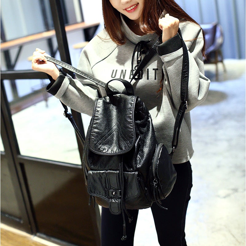 Amoy Printed Leather * Backpack Women'S Korean-Style All-Match New College-Style Simple Casual Wash Leather Belt Backpack - Image 3