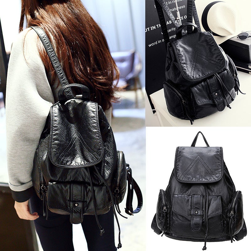Amoy Printed Leather * Backpack Women'S Korean-Style All-Match New College-Style Simple Casual Wash Leather Belt Backpack - Image 2