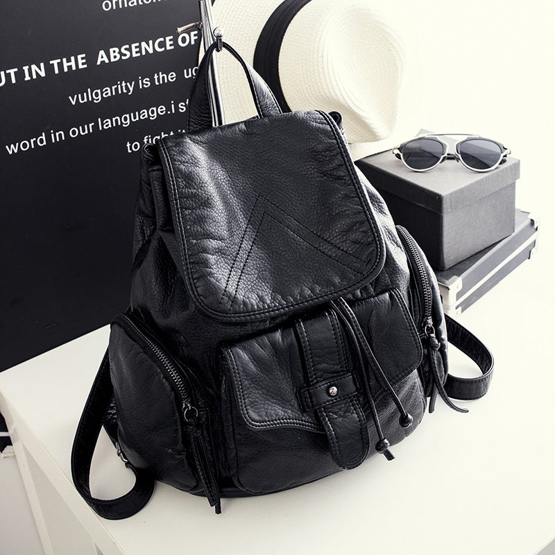 Amoy Printed Leather * Backpack Women'S Korean-Style All-Match New College-Style Simple Casual Wash Leather Belt Backpack - Image 4