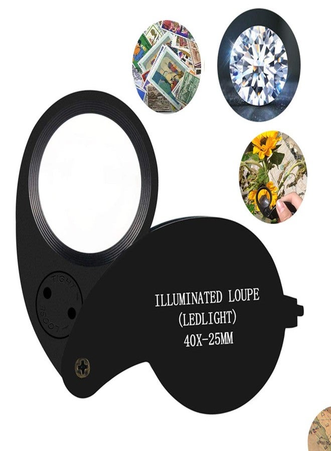 Beileshi 40X Magnification Loupe Jewelry Magnifier Folding Glass Lens + Full Metal Magnifying Loop LED Magnifier (Black) - Image 1