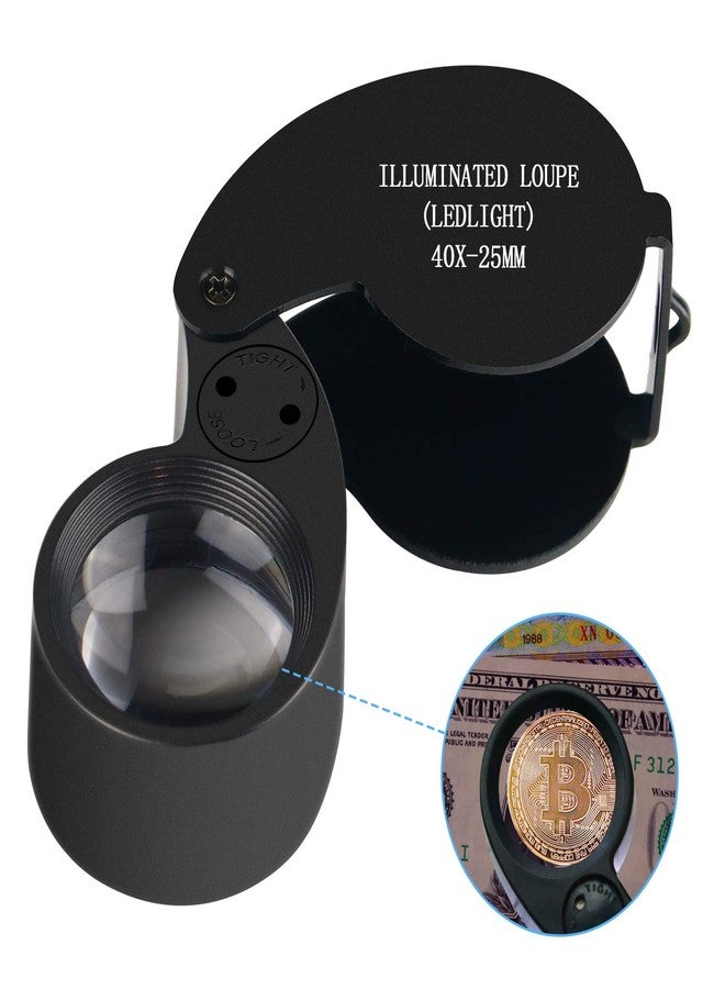 Beileshi 40X Magnification Loupe Jewelry Magnifier Folding Glass Lens + Full Metal Magnifying Loop LED Magnifier (Black) - Image 4
